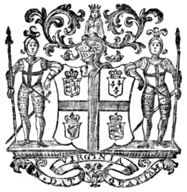 This image from the American Memory Collections is available from the United States Library of Congress's Rare Book and Special Collections Division… Virginia Colony Coat of Arms, as found on the published version of a 1757 speech by Lt. Governor Robert Dinwiddie to the General Assembly of Virginia.